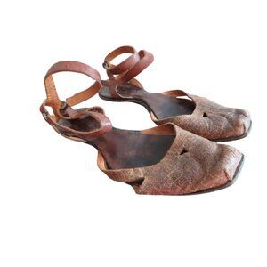 CYDWOQ VINTAGE Brown Leather Square Toe Ankle Strap Sandals Offbeat Quirky Boho